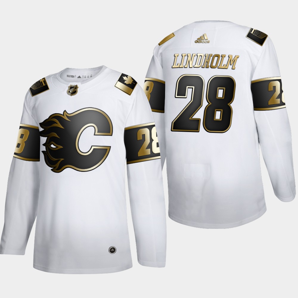 Cheap Calgary Flames 28 Elias Lindholm Men Adidas White Golden Edition Limited Stitched NHL Jersey